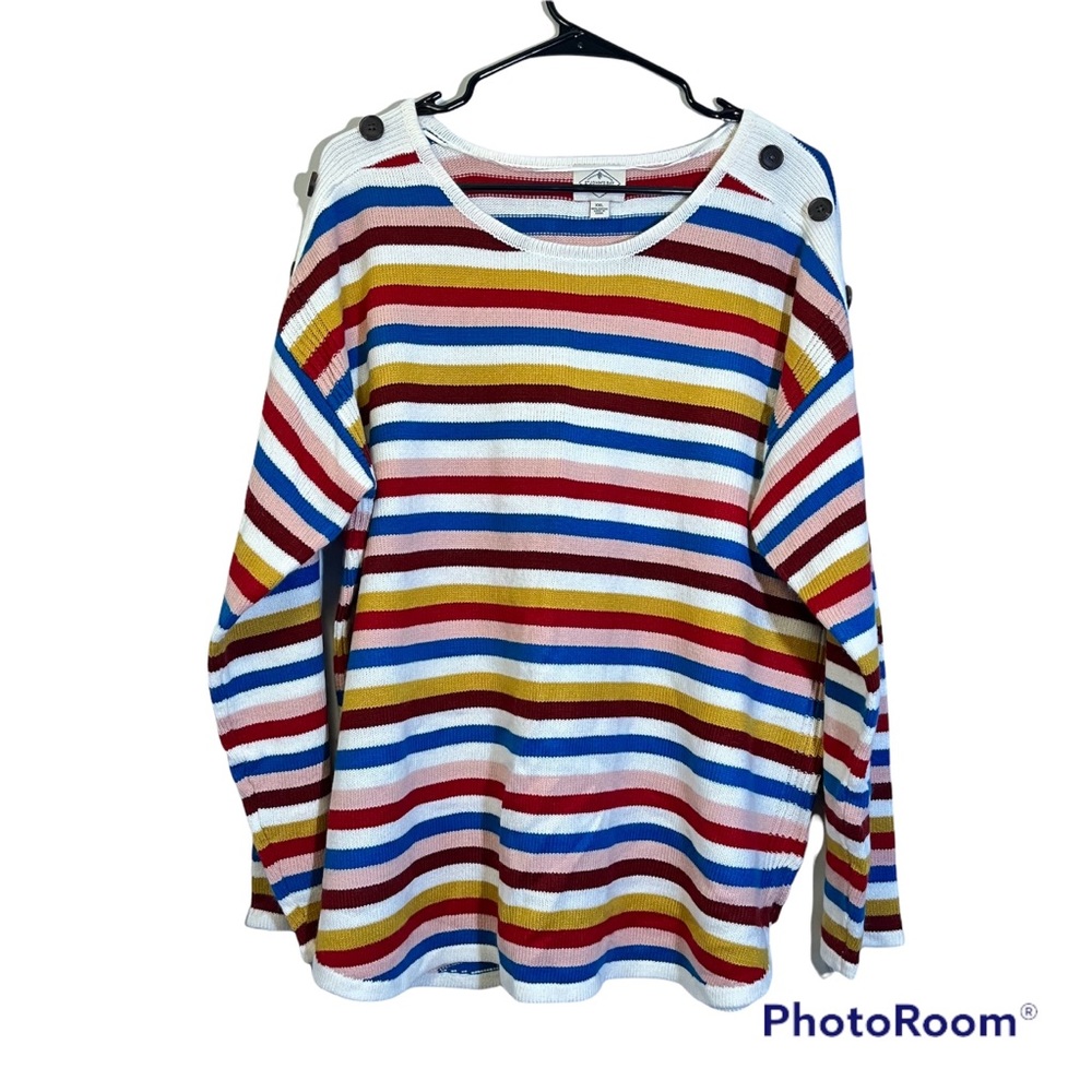 St. John’ Bay Colorful Striped Sweater Pink Yellow White Button Detail Size XXL